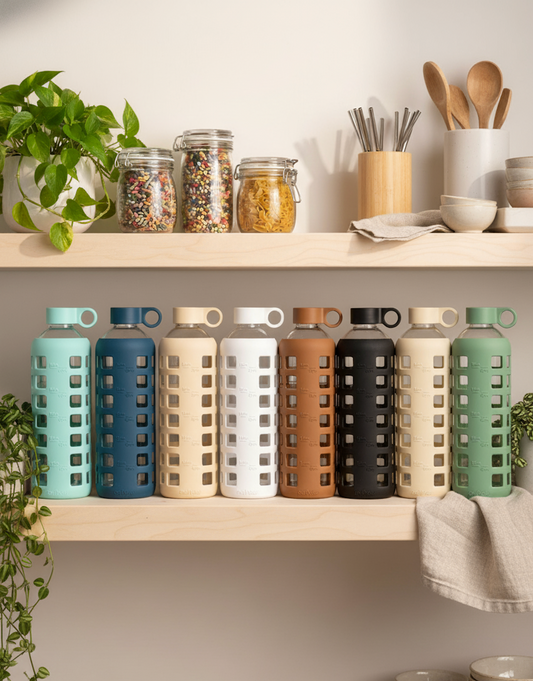 Glass Water Bottle with Silicone Sleeve & Time Markings