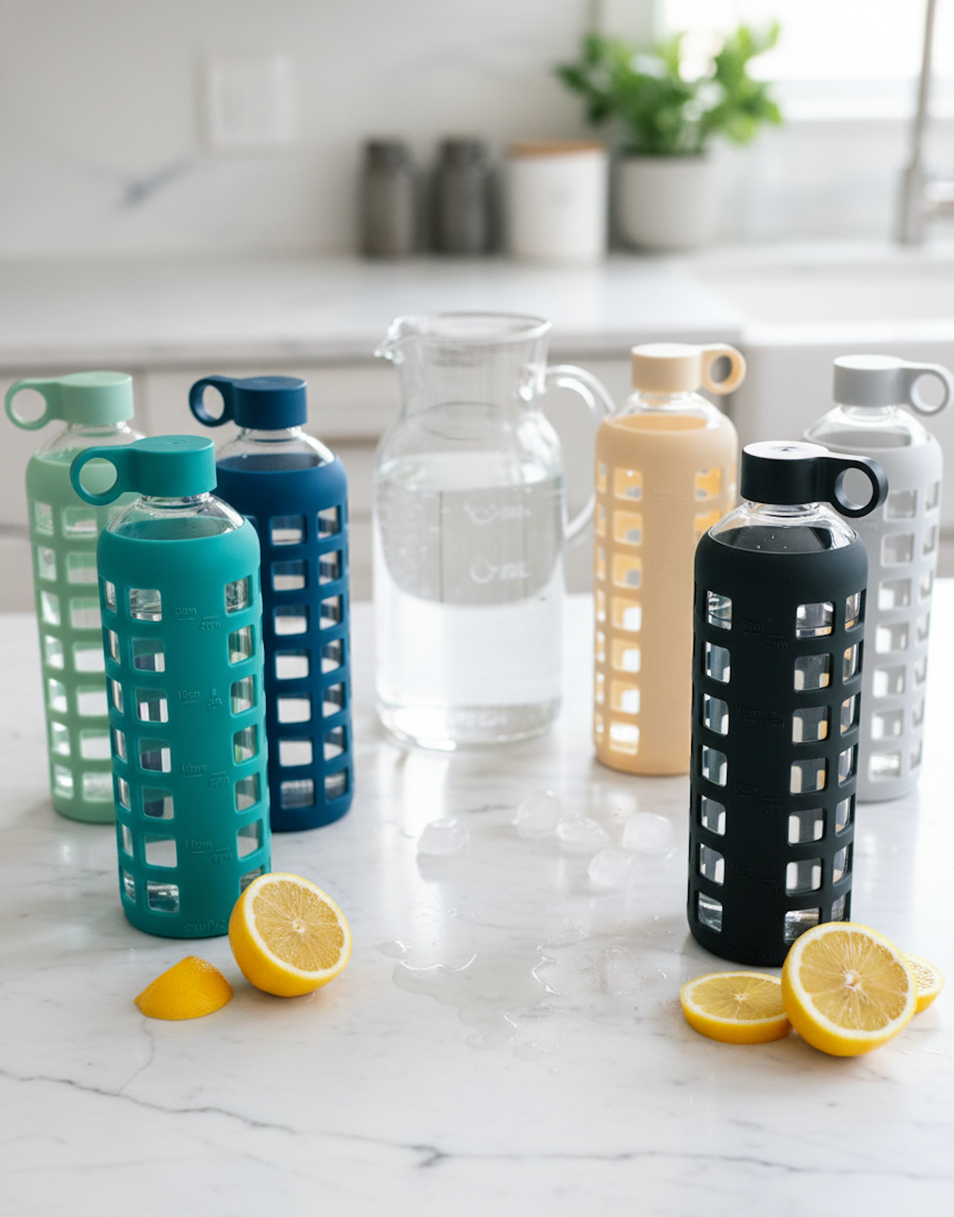 Glass Water Bottle with Silicone Sleeve & Time Markings