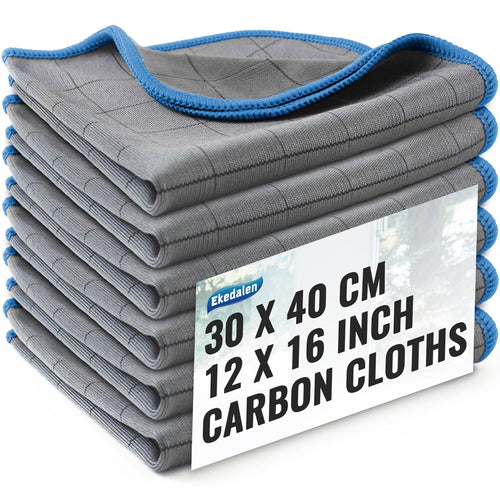 Carbon Cloth Lint Free Glass Cleaning Cloth Window Polishing Streak Free Microfiber Miracle Easy Clean Rag Reusable for Mirror Kitchen Dish Auto Detailing Pack of 6 16"x12" 400GSM Grey-Blue
